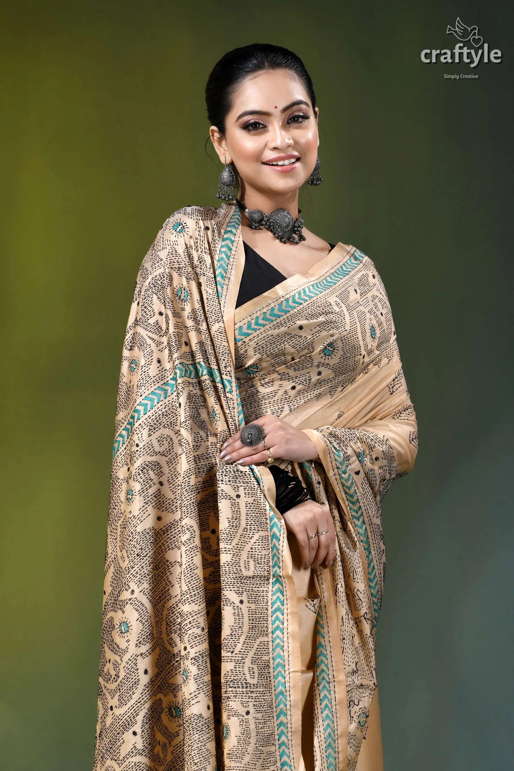 Light peach jamdani design hand embroidered silk kantha saree beige teal patterned saree intricate 2