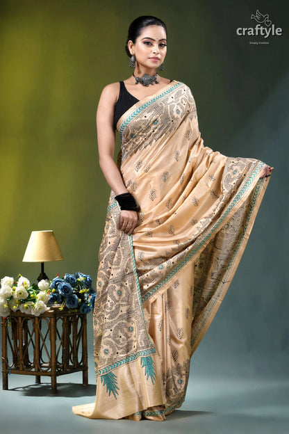 Light peach jamdani design hand embroidered silk kantha saree beige silk saree intricate gold 4