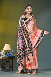Light peach silk kantha stitch saree with exquisite bird design peach-colored silk saree intricate black 6