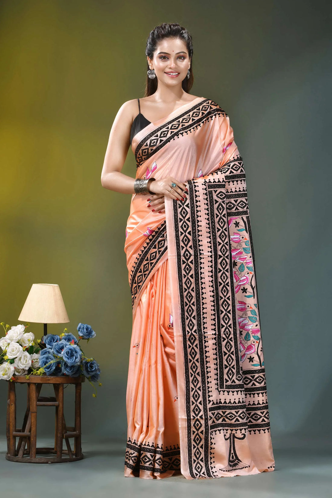 Light peach silk kantha stitch saree with exquisite bird design peach-colored silk saree intricate black 1