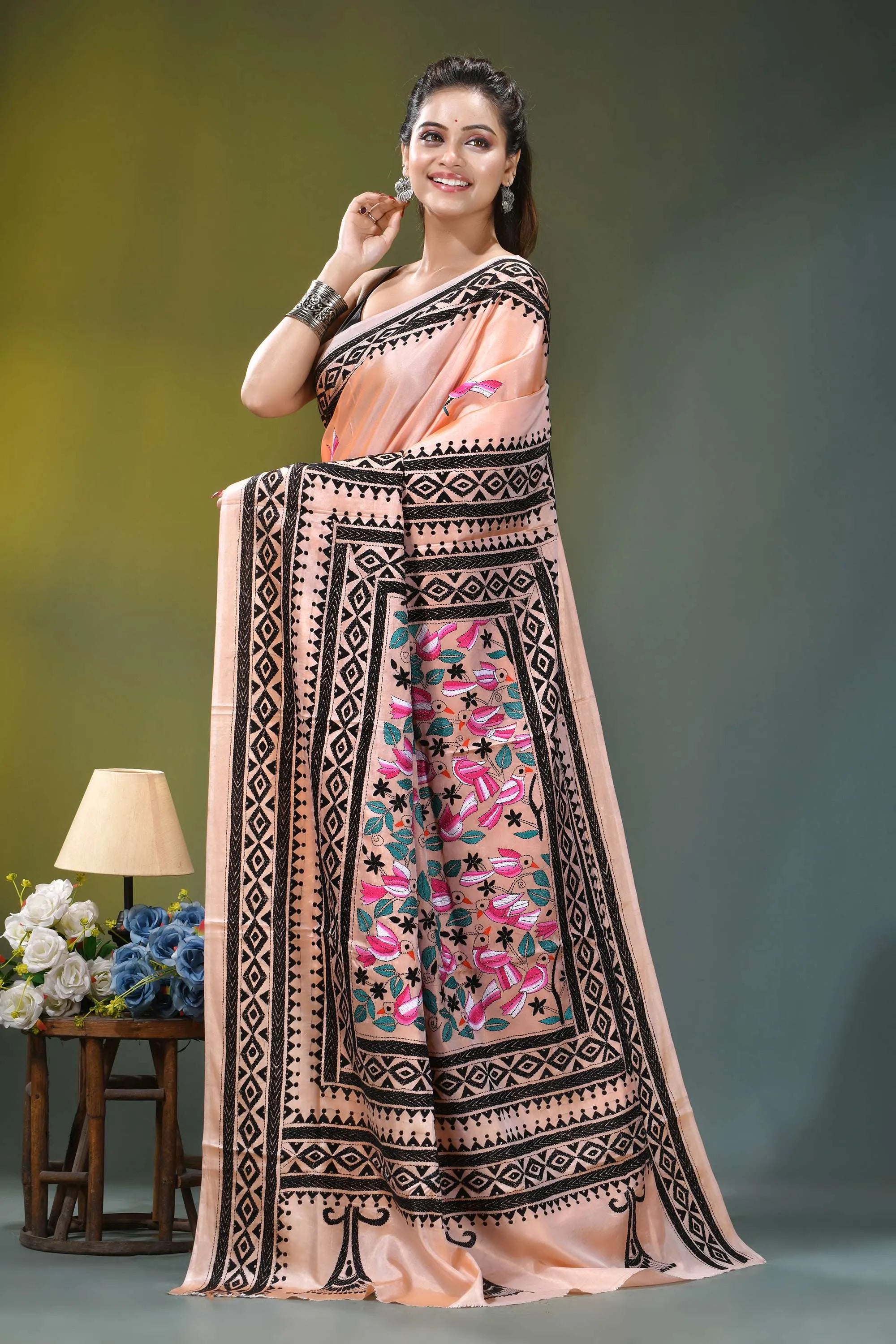 Light peach silk kantha stitch saree with exquisite bird design peach-colored silk saree intricate black 4