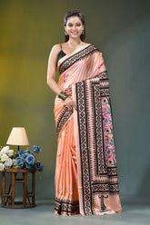 Light peach silk kantha stitch saree with exquisite bird design peach-colored silk saree intricate black 7
