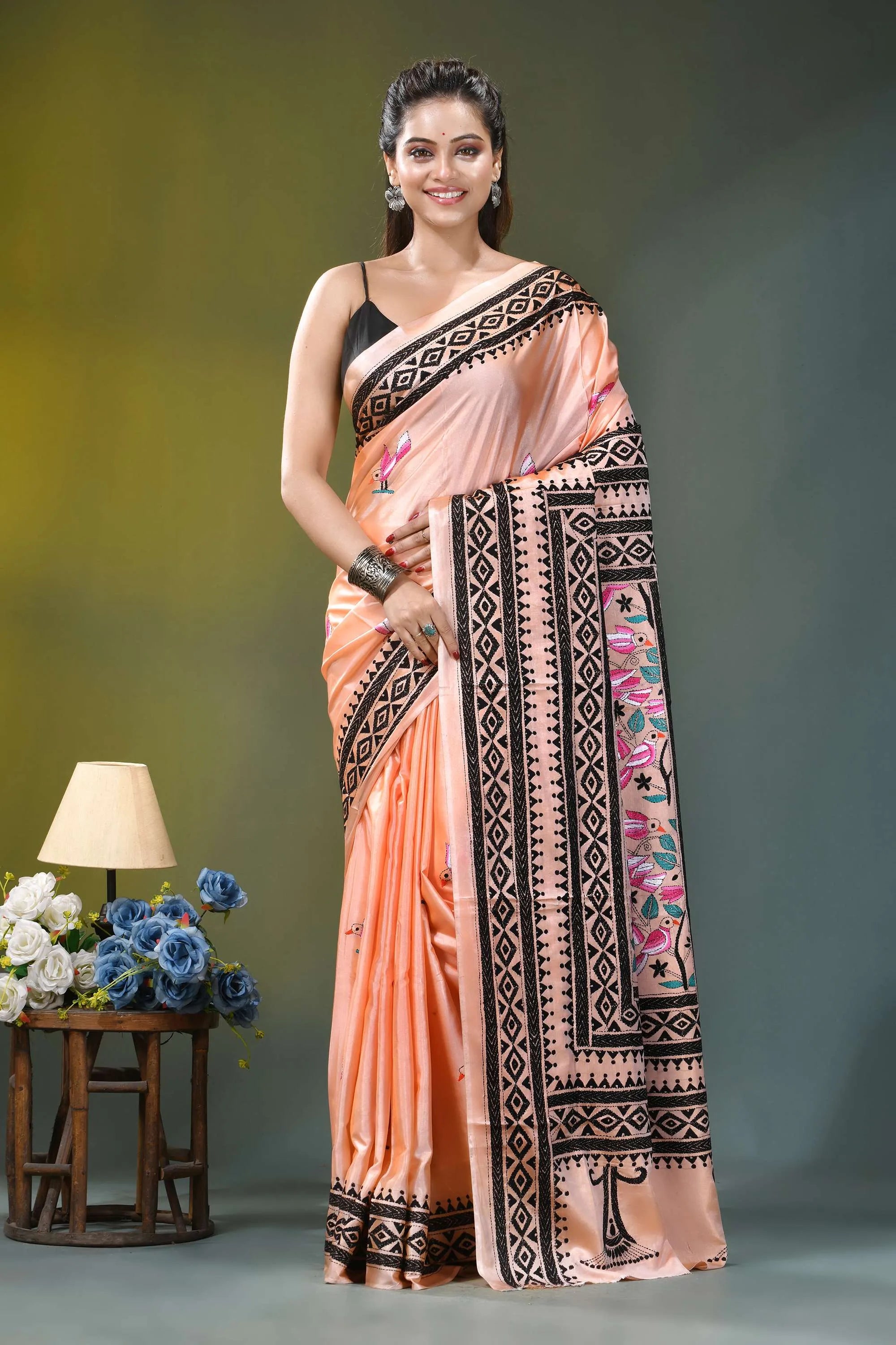 Light peach silk kantha stitch saree with exquisite bird design peach-colored silk saree intricate black 7