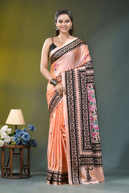 Light peach silk kantha stitch saree with exquisite bird design peach-colored silk saree intricate black 7