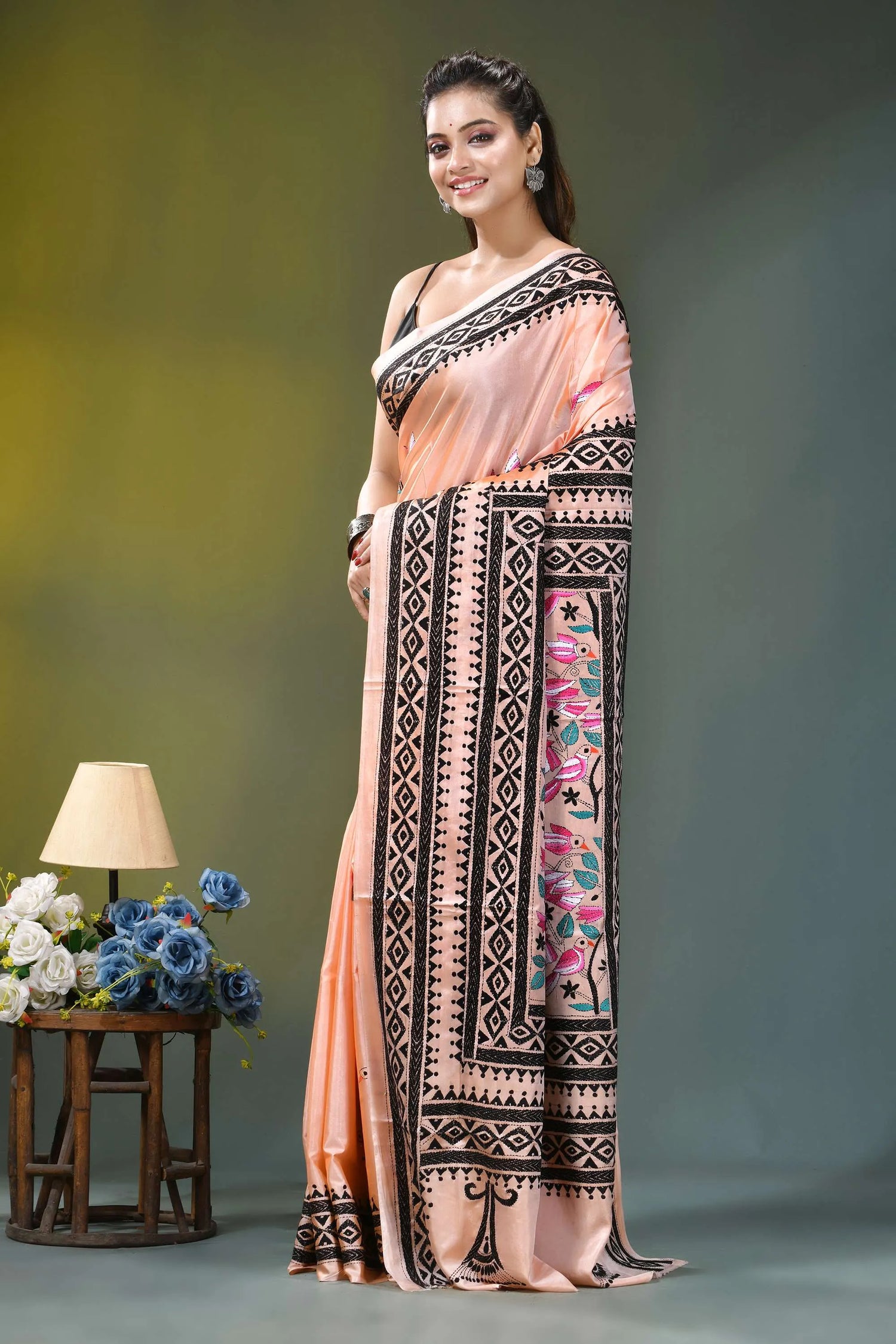Light peach silk kantha stitch saree with exquisite bird design peach-colored silk saree intricate black 3