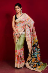 Light Pink Hand Painted Zari Border Pure Tussar Kalamkari Saree - Craftyle