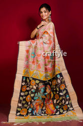 Light Pink Hand Painted Zari Border Pure Tussar Kalamkari Saree - Craftyle