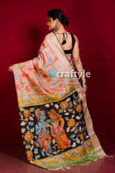 Light Pink Hand Painted Zari Border Pure Tussar Kalamkari Saree - Craftyle