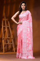 Light pink handcrafted kutch embroidery silk saree 1