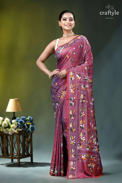 Light plum floral motif bengal heritage ethnic silk kantha saree maroon purple floral-patterned saree intricate 6