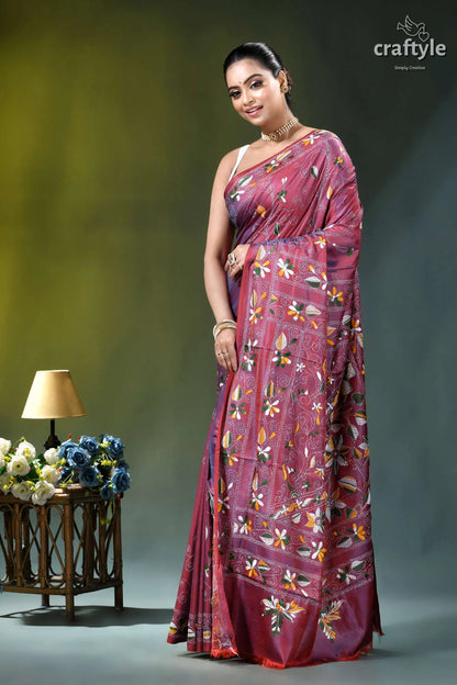 Light plum floral motif bengal heritage ethnic silk kantha saree maroon silk saree adorned intricate 3
