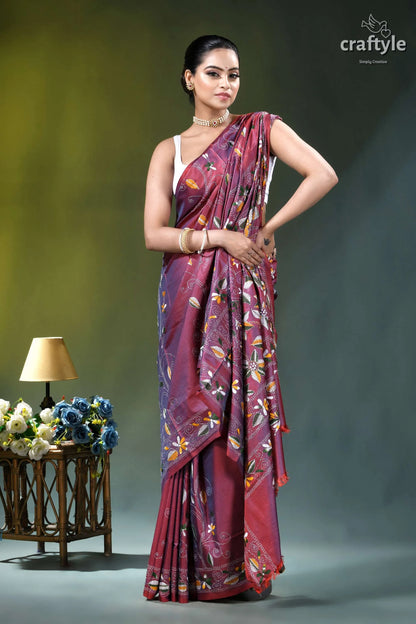 Light plum floral motif bengal heritage ethnic silk kantha saree woman wears maroon purple printed 5