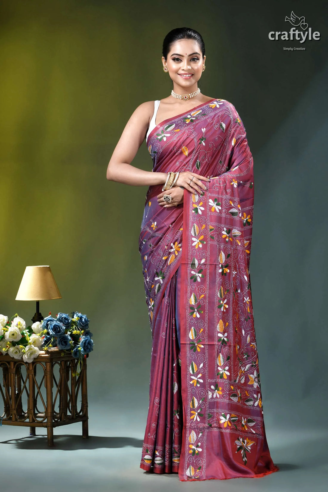 Light plum floral motif bengal heritage ethnic silk kantha saree woman wears maroon purple silk 1