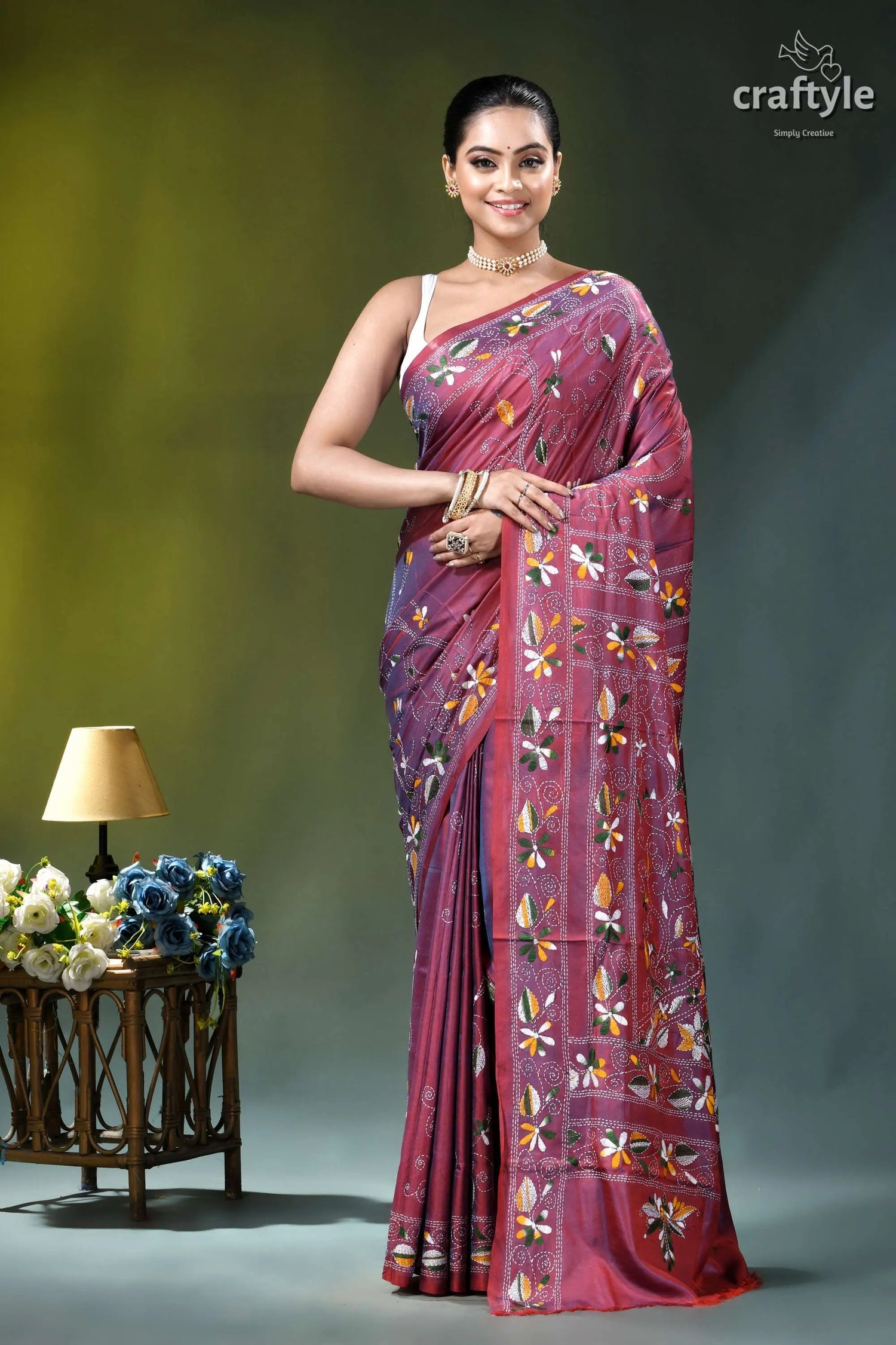 Light plum floral motif bengal heritage ethnic silk kantha saree woman wears maroon purple silk 1