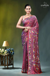 Light plum floral motif bengal heritage ethnic silk kantha saree woman wears maroon purple silk 1