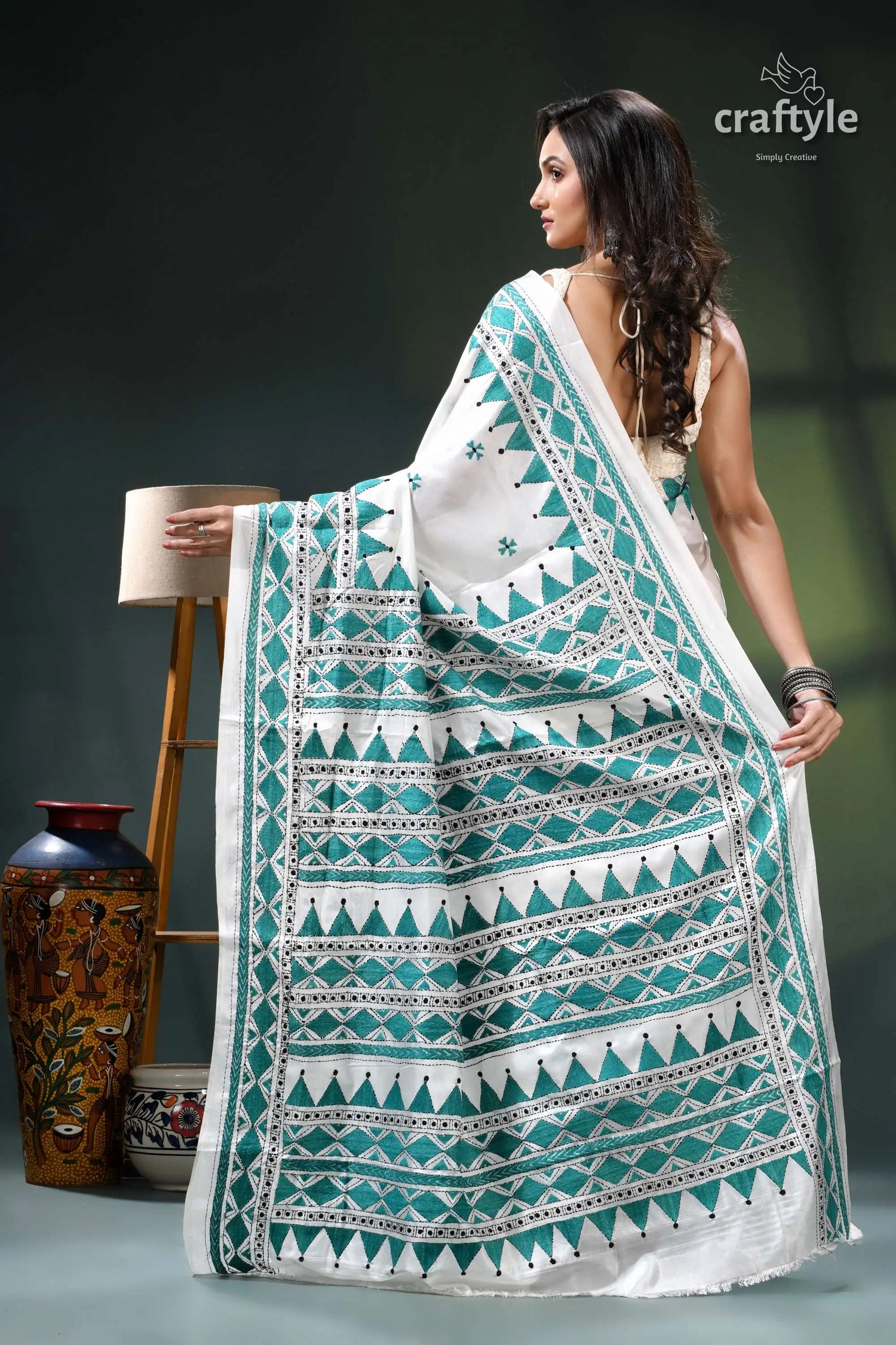 Light sea green and white kantha embroidery silk sari white teal saree geometric patterns 5