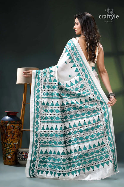 Light sea green and white kantha embroidery silk sari white teal saree geometric patterns 5