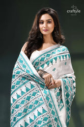 Light sea green and white kantha embroidery silk sari white teal saree geometric patterns 2