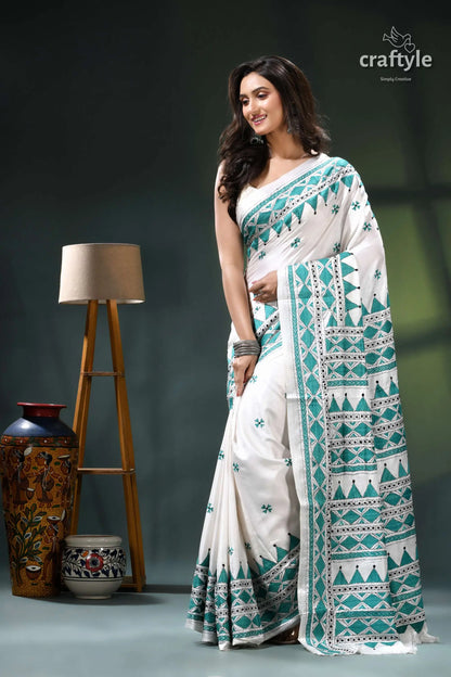 Light sea green and white kantha embroidery silk sari white teal saree intricate geometric 3