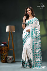 Light sea green and white kantha embroidery silk sari cream teal saree geometric patterns 6