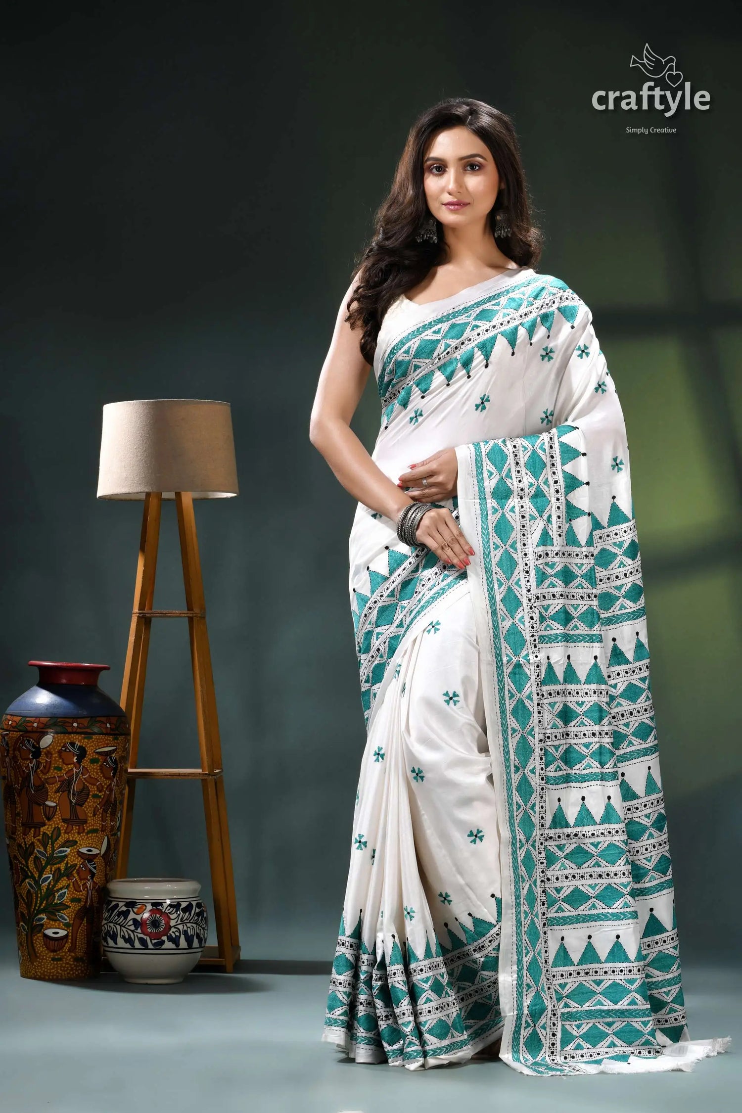 Light sea green and white kantha embroidery silk sari cream teal saree intricate white 1