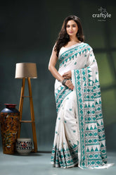 Light sea green and white kantha embroidery silk sari cream teal saree intricate white 1