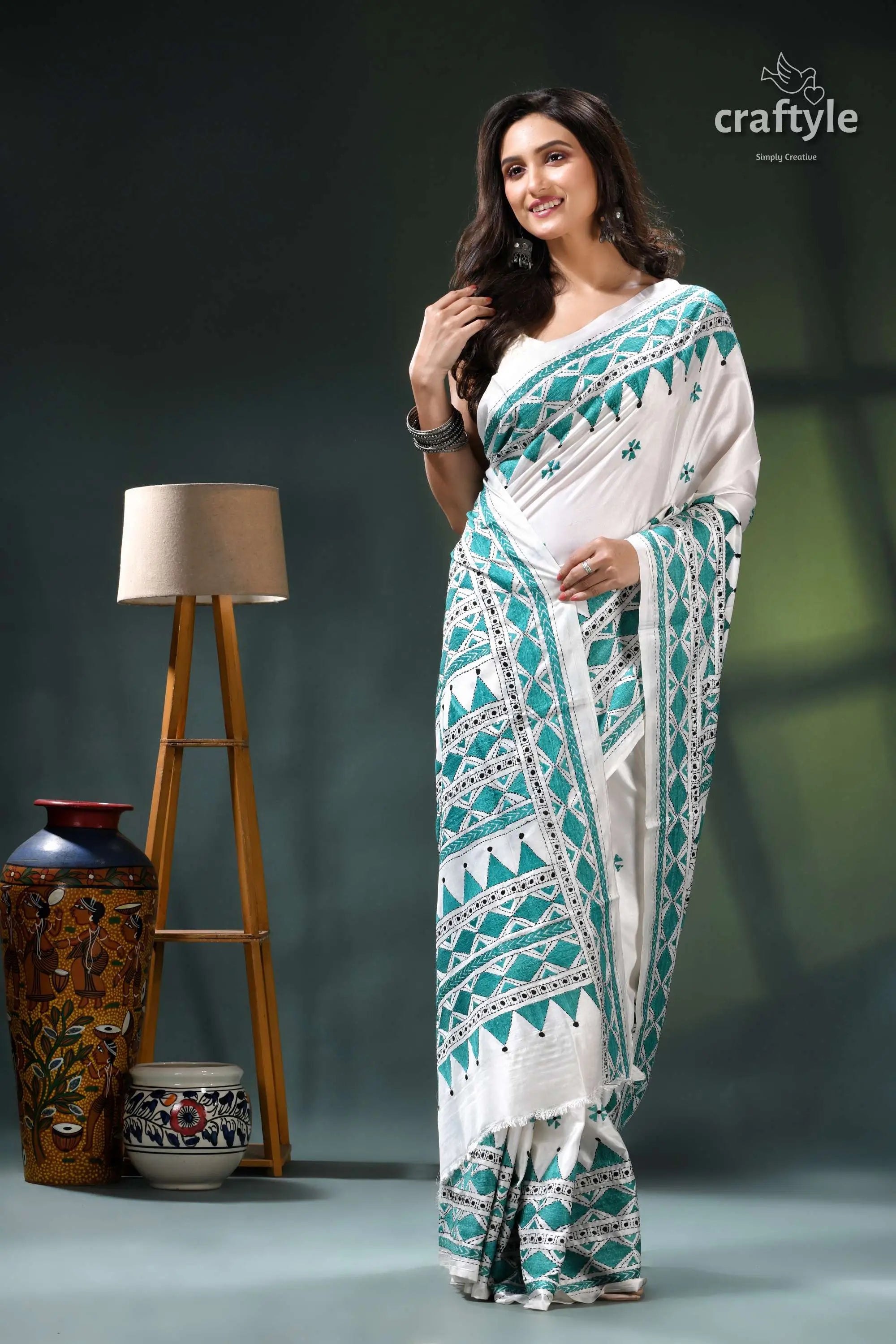 Light sea green and white kantha embroidery silk sari white teal saree geometric patterns 4