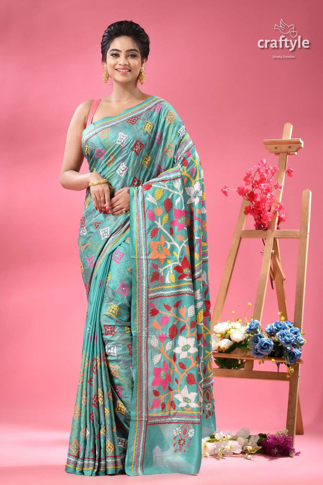 Light sea green floral pattern ethnic kantha silk saree light blue silk saree intricate 1