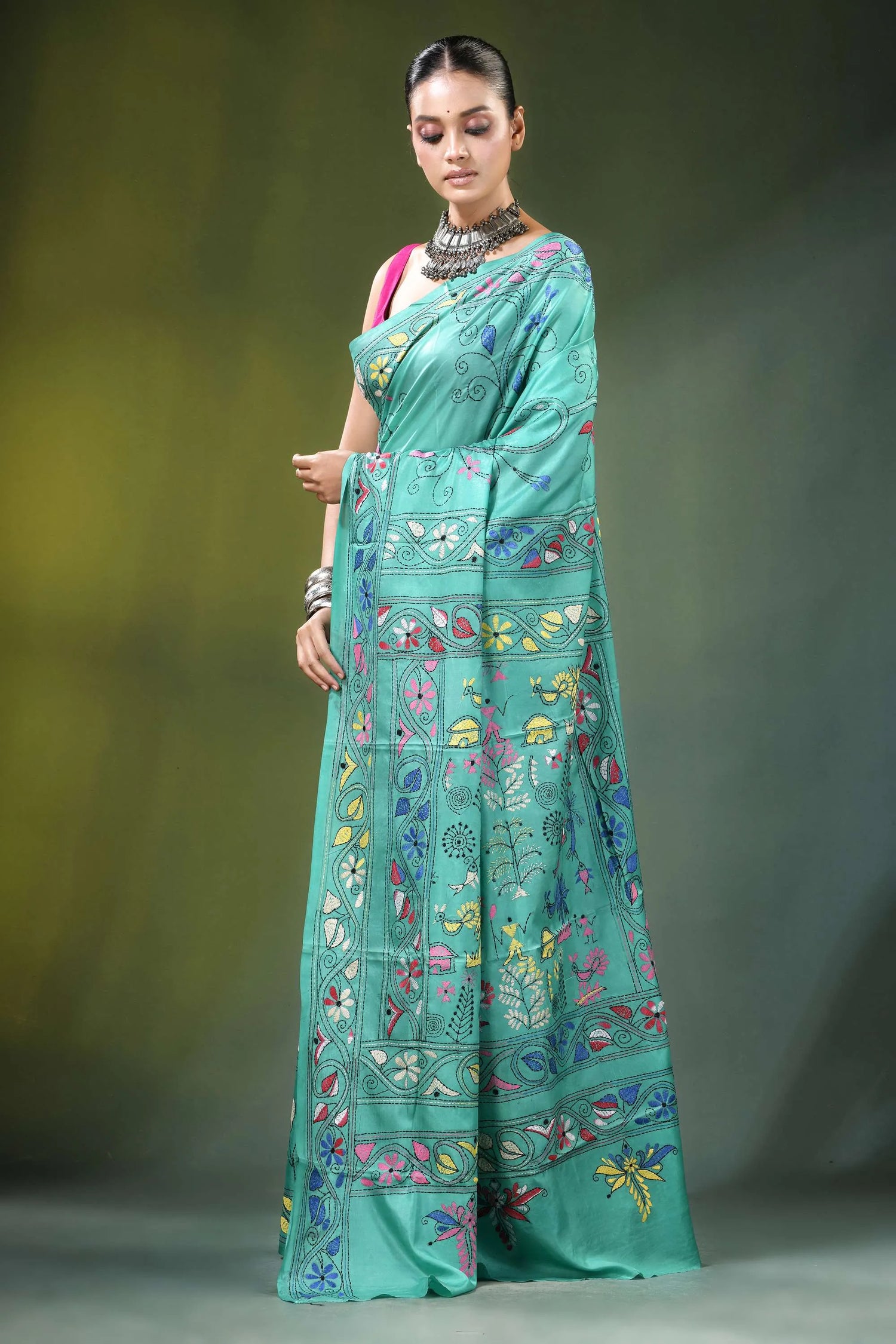 Light sea green folk art handcrafted silk kantha stitch saree teal-colored intricate colorful floral 3