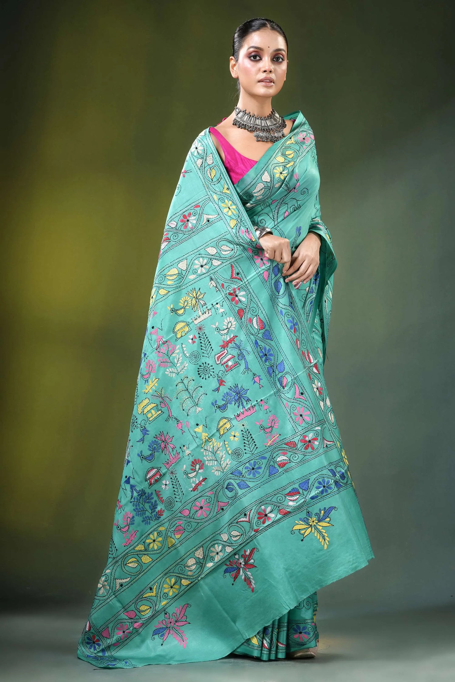 Light sea green folk art handcrafted silk kantha stitch saree teal adorned intricate 4
