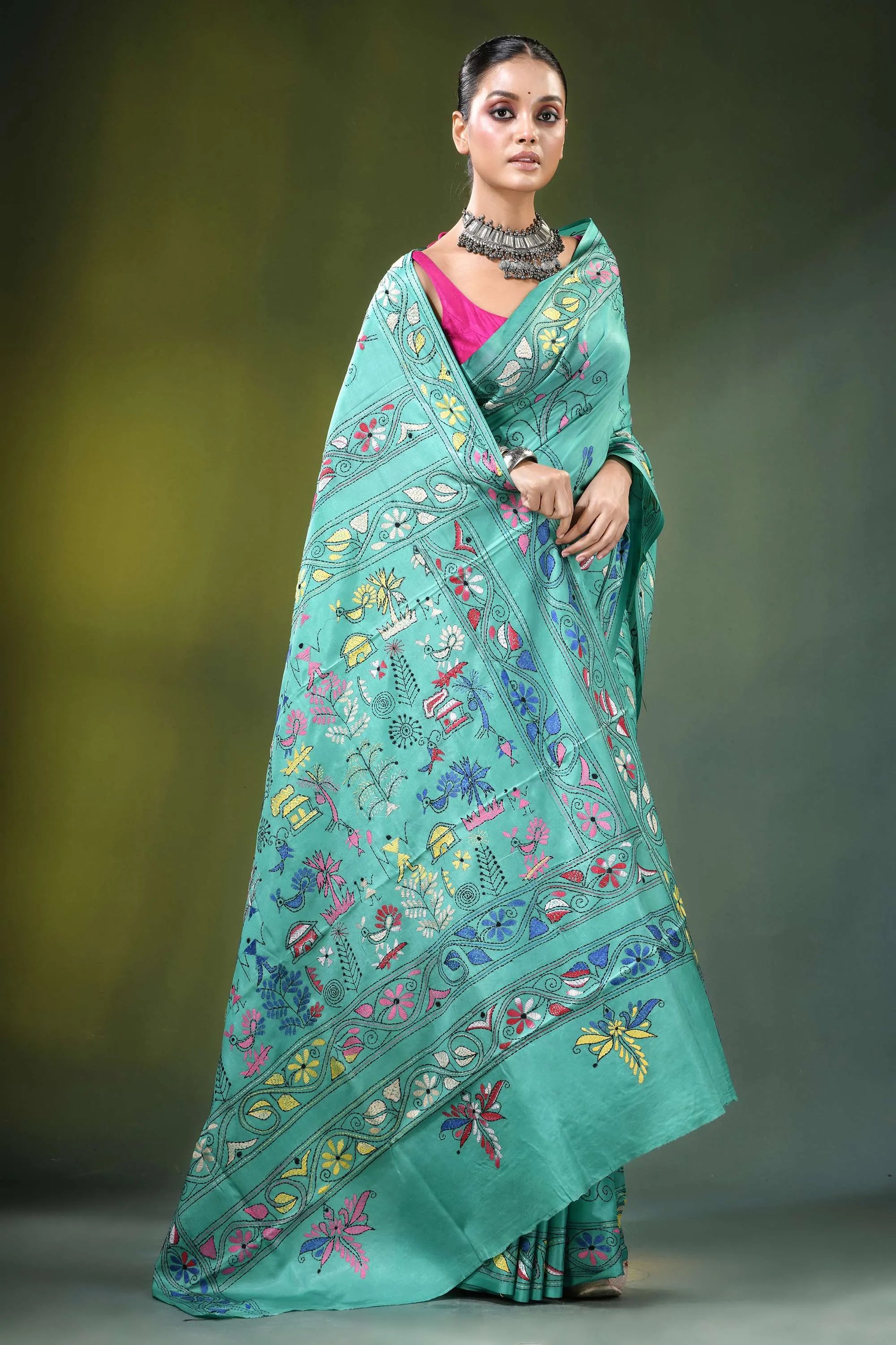Light sea green folk art handcrafted silk kantha stitch saree teal adorned intricate 4