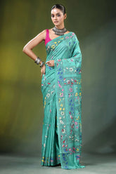 Light sea green folk art handcrafted silk kantha stitch saree teal-colored intricate floral geometric 1