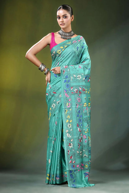 Light sea green folk art handcrafted silk kantha stitch saree teal-colored intricate floral geometric 1