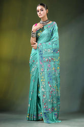Light sea green folk art handcrafted silk kantha stitch saree teal adorned intricate 6