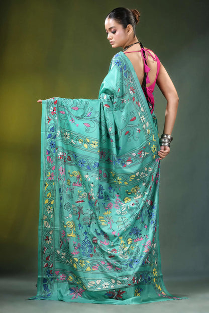 Light sea green folk art handcrafted silk kantha stitch saree vibrant turquoise adorned 5