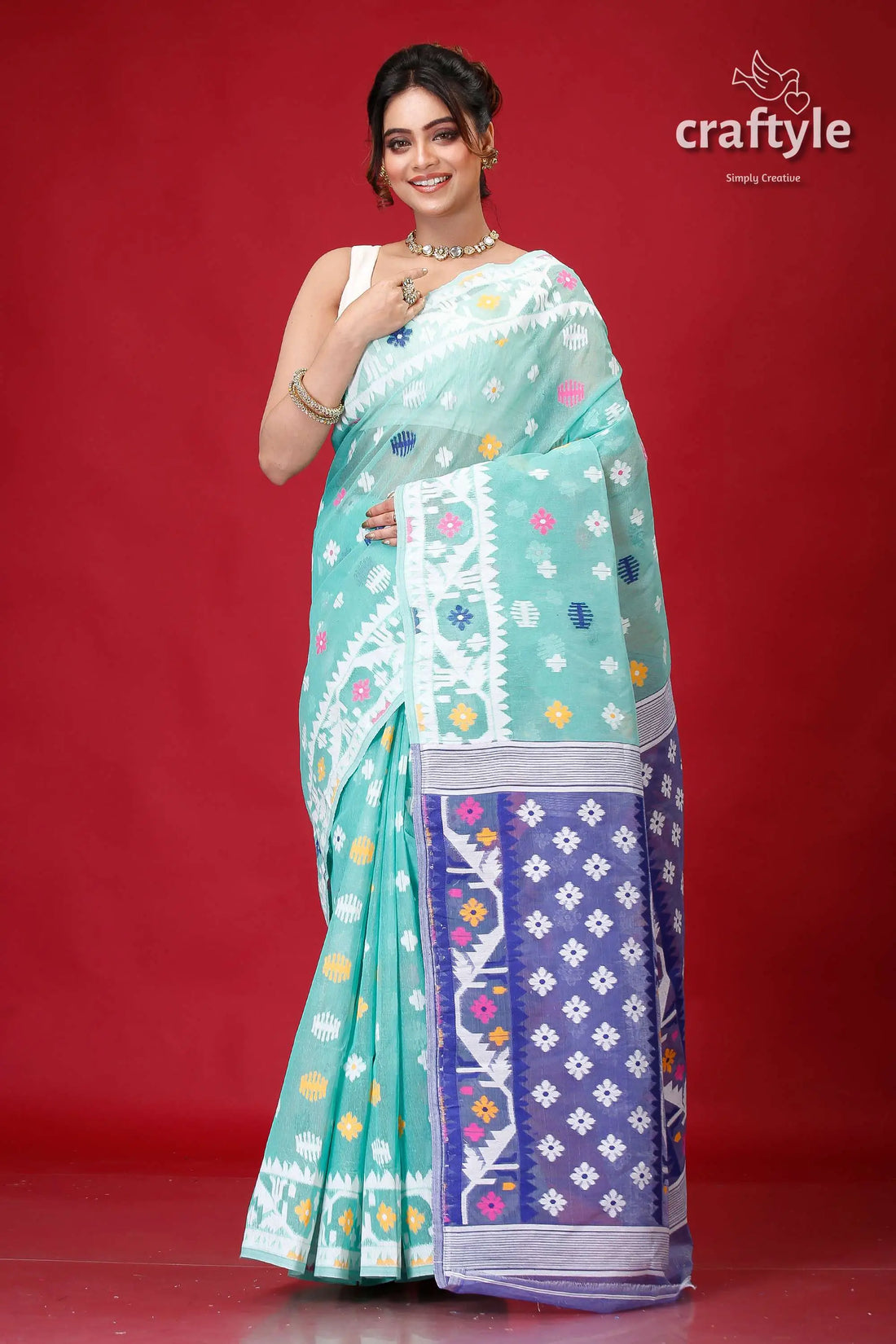 Light sea green jamdani weave saree woman light blue saree 1