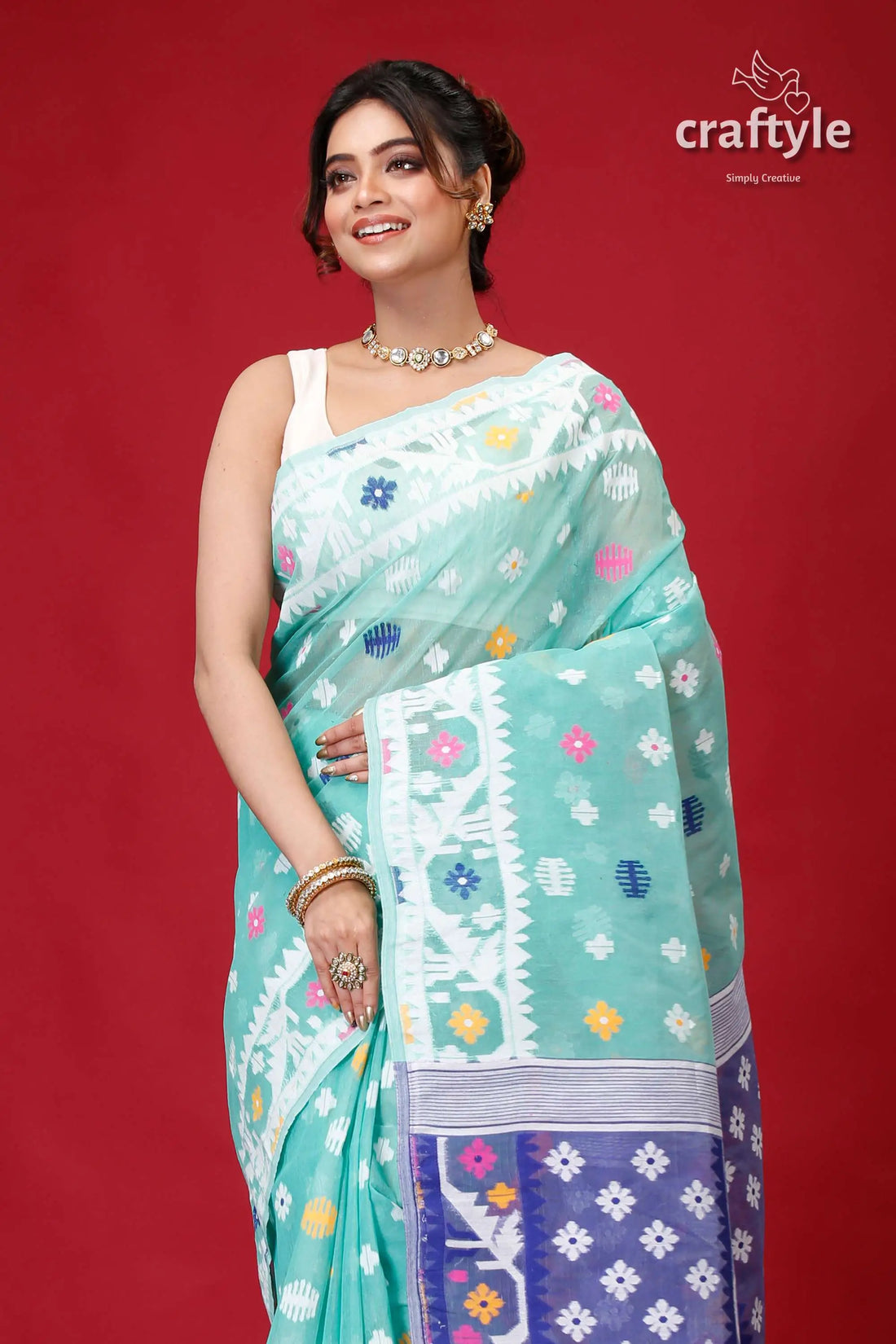 Light sea green jamdani weave saree light blue floral patterned saree 2