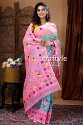 Light Sea Green & Pink Timeless Handloom Jamdani Saree - Craftyle