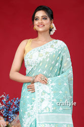 Light sea green-white jamdani weave saree woman light blue saree 2