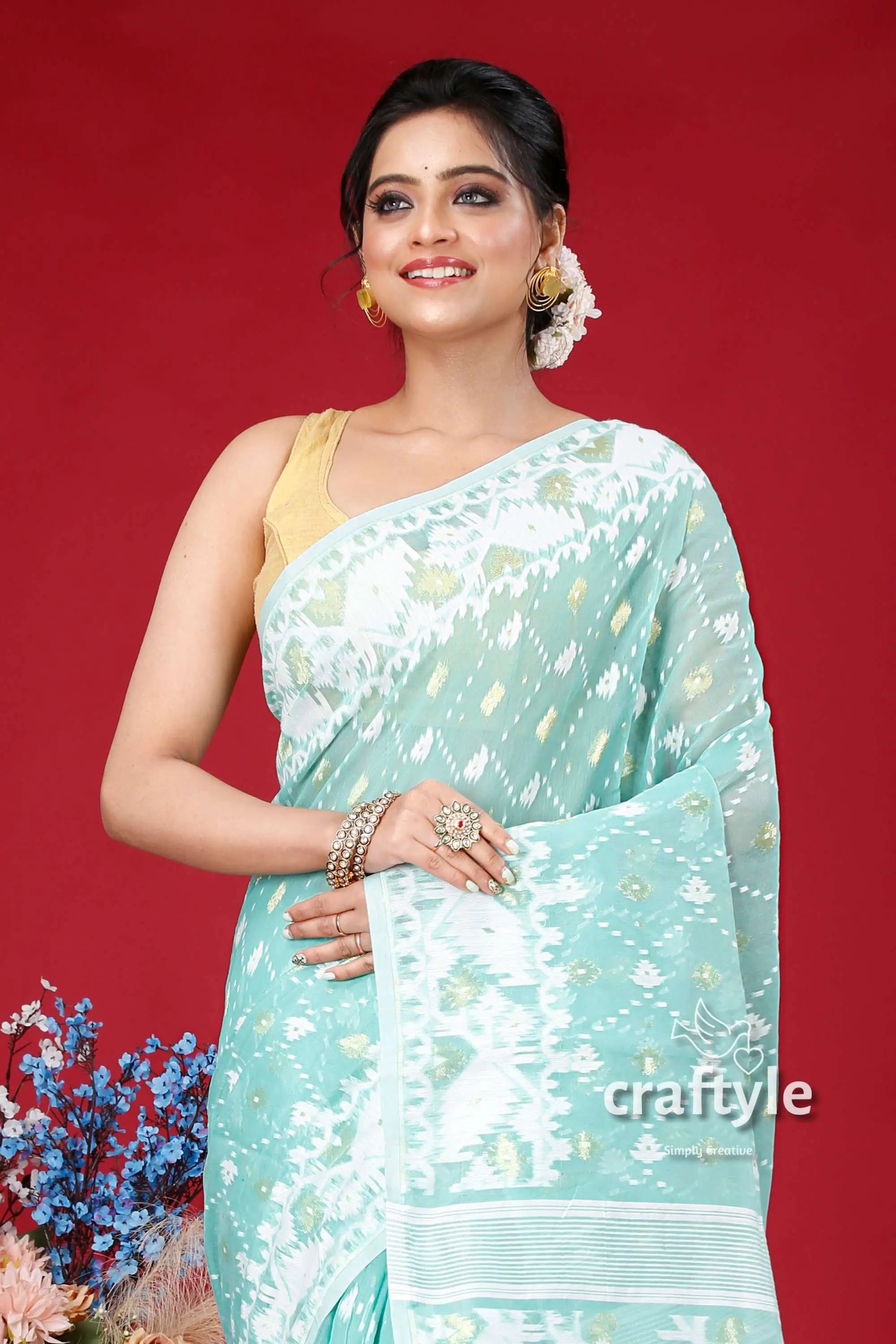 Light sea green-white jamdani weave saree woman light blue saree 2