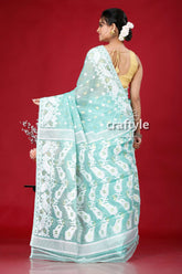 Light sea green-white jamdani weave saree light blue white patterned saree 5