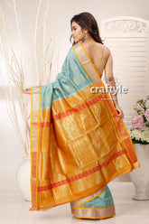 Light sea green zari border bomkai silk saree blue gold saree 5