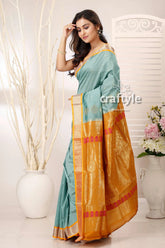 Light sea green zari border bomkai silk saree woman blue gold saree 3