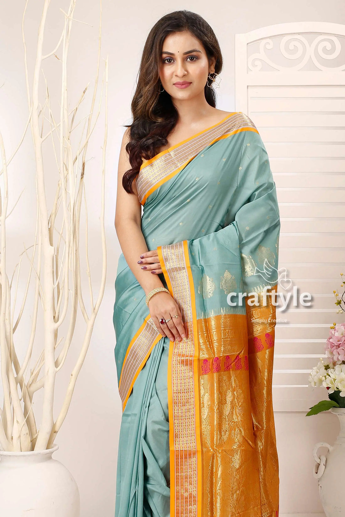 Light sea green zari border bomkai silk saree woman blue gold saree 2