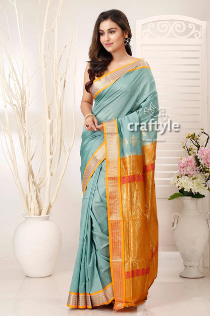 Light sea green zari border bomkai silk saree woman blue gold saree 1