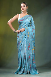 Light sky blue multicolor floral design silk kantha saree adorned 6