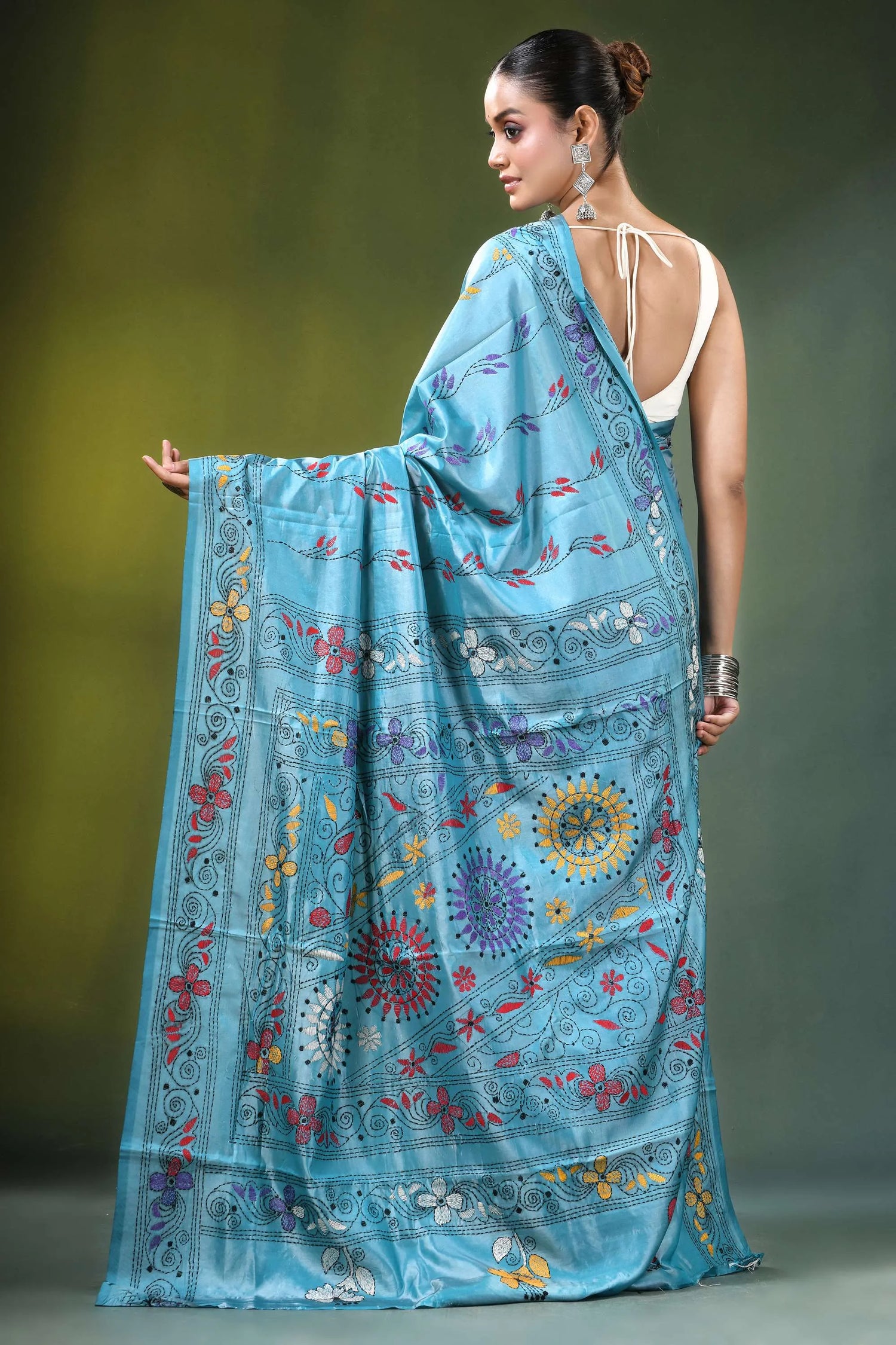Light sky blue multicolor floral design silk kantha saree adorned 5