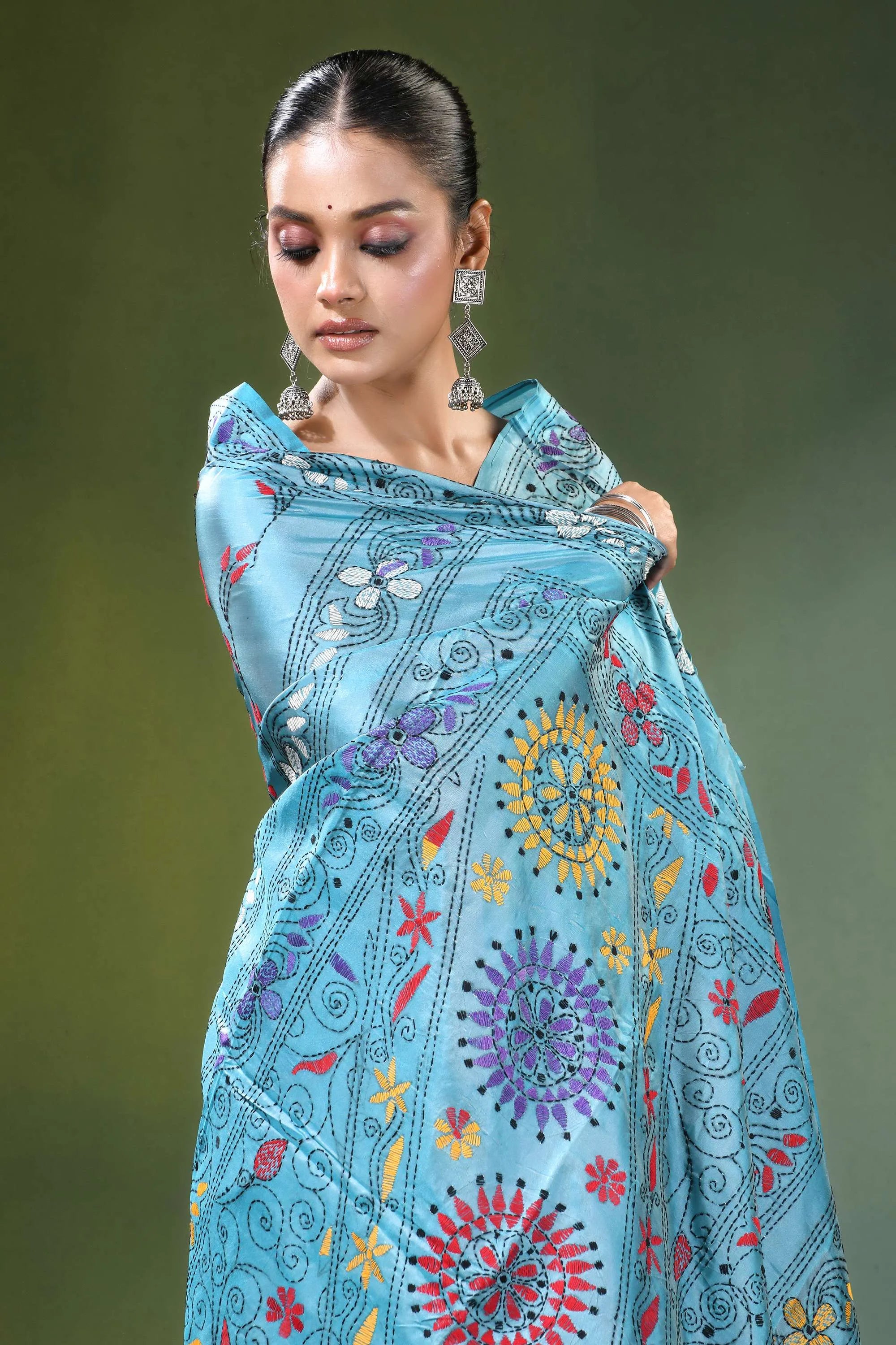 Light sky blue multicolor floral design silk kantha saree adorned 2