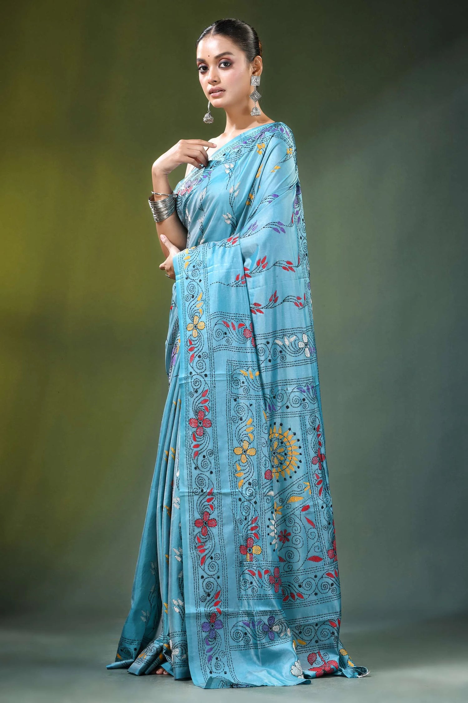 Light sky blue multicolor floral design silk kantha saree adorned 3