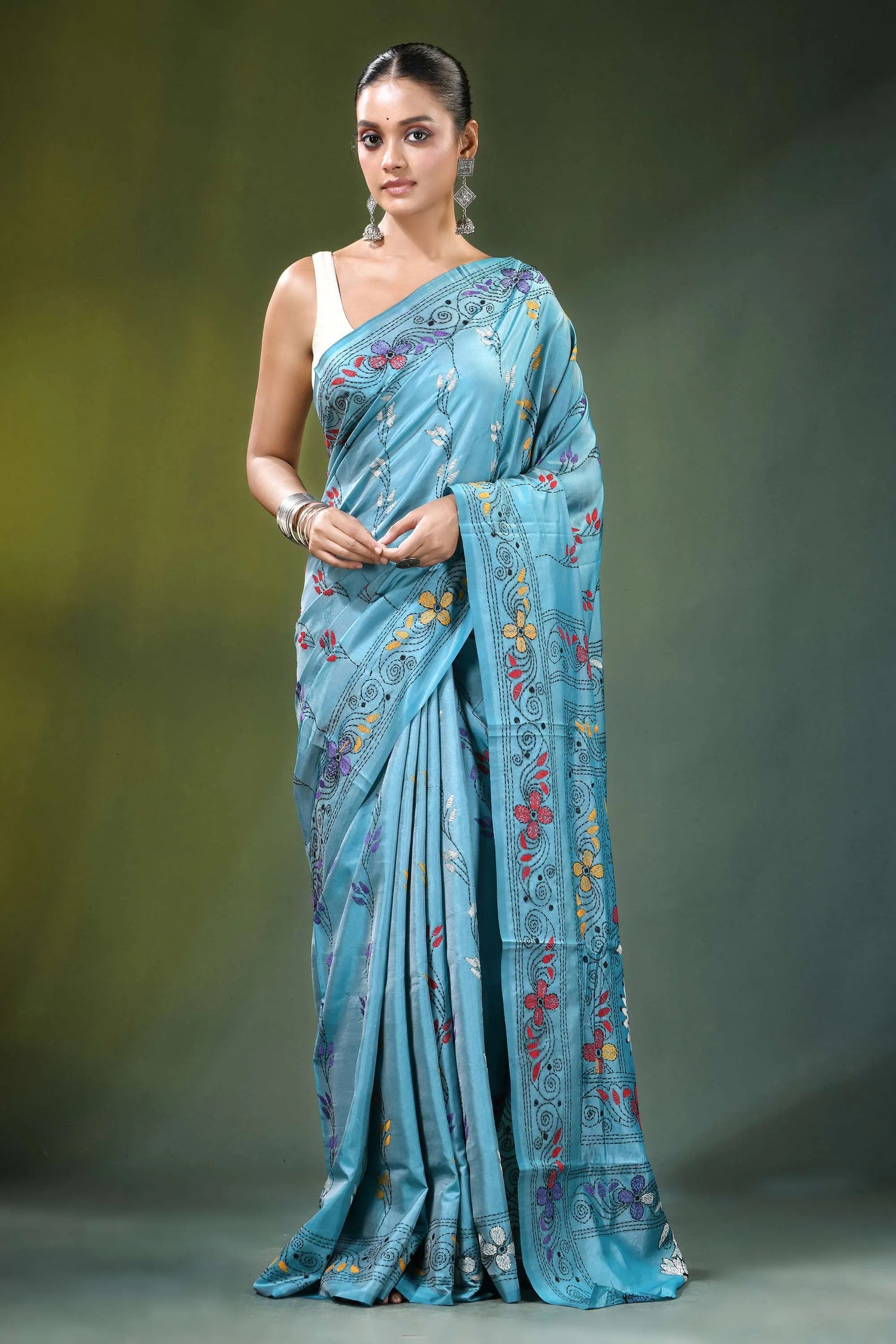 Light sky blue multicolor floral design silk kantha saree adorned 1